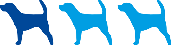 Three dog icons in a row, two light blue in colour, one dark blue in colour.