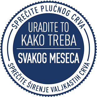 Uradite to kako treba, svakog meseca plavi plavi krućni logo i reči buve, krpelji, plućni crvi, valjkasti crvi oko ivice kruga.