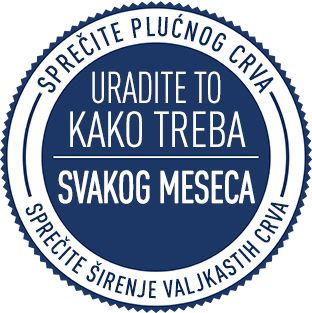 Uradite to kako treba, svakog meseca plavi plavi krućni logo i reči buve, krpelji, plućni crvi, valjkasti crvi oko ivice kruga.